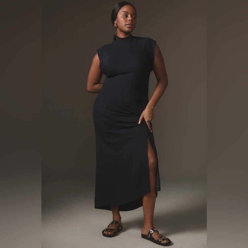NWT! Black Daily Practice by Anthropologie Mock-Neck Ruched Midi Dress 🏀 - Picture 3 of 6